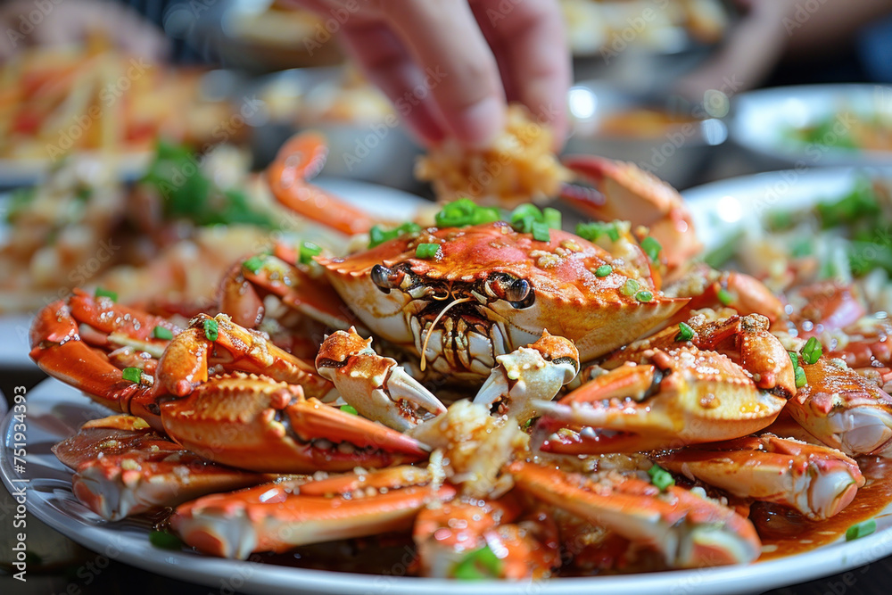 A hand grabbing a crispy crab from a pile, food and culinary A hand grabbing a crispy crab from a pile, food and culinary