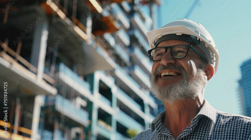Happy mature architect wearing hardhat standing at construction site