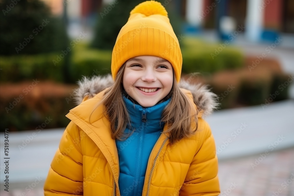 Portrait of a cute little girl in a yellow jacket and hat Portrait of a cute little girl in a yellow jacket and hat