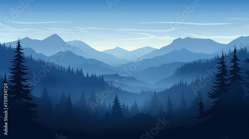 Vector illustration of beautiful dark blue mountain landscape with fog and forest. sunset in the mountains.