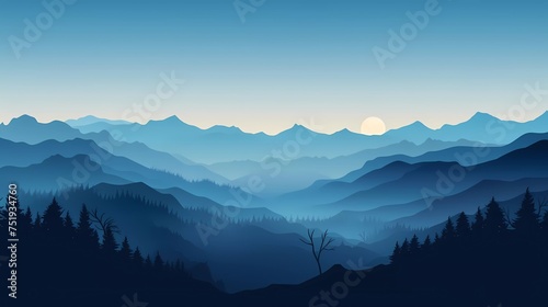 Vector illustration of beautiful dark blue mountain landscape with fog and forest. sunset in the mountains.