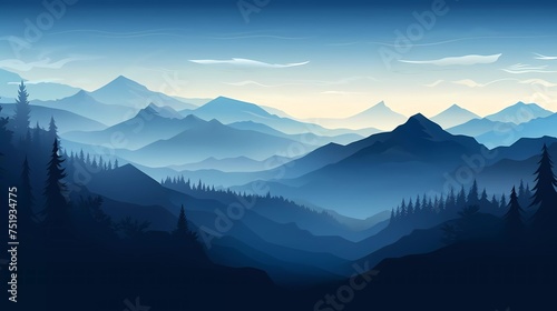 Vector illustration of beautiful dark blue mountain landscape with fog and forest. sunset in the mountains. © munja02