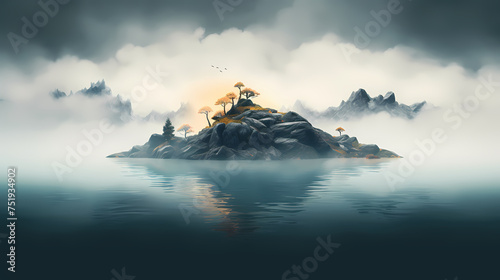 Tranquil island surrounded by calm waters © xuan