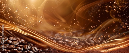 Warm swirls of coffee with golden sparks and roasted beans, a rich depiction of gourmet indulgence and aromatic freshness, perfect for coffee lovers and culinary art. photo