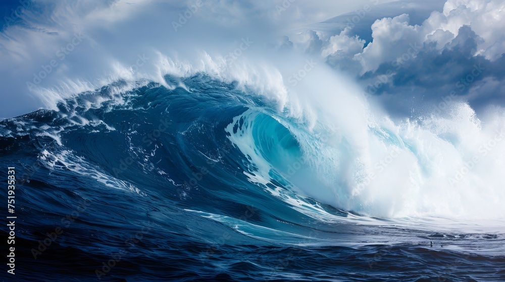 Massive ocean wave rising under a clear blue sky in a side view perspective on a sunny day Massive ocean wave rising under a clear blue sky in a side view perspective on a sunny day