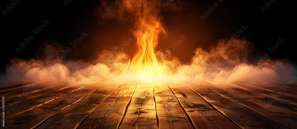 Explosive Flame and Smoke Effect on Wooden Plank Flooring - obrazy, fototapety, plakaty 