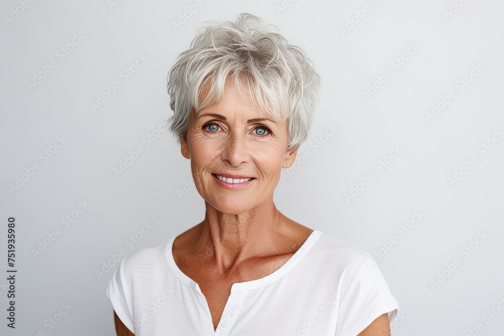 Portrait of a beautiful senior woman smiling at the camera while standing against grey background Portrait of a beautiful senior woman smiling at the camera while standing against grey background