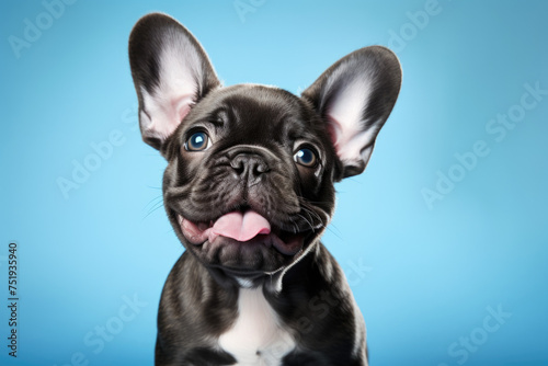 Closeup of an adorable French bulldog puppy dog on a blue background