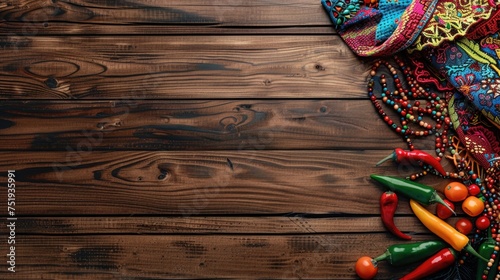 Festive accessories on wooden background, colorful scarf, beaded necklaces, jalapeño, with copy space on the left