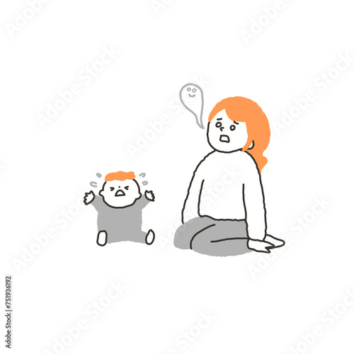 泣いてる赤ちゃんと疲れている母親