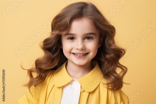 Portrait of a cute smiling little girl with curly hair over yellow background