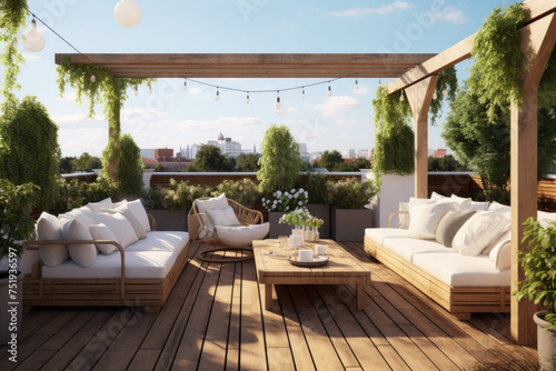 Cozy outdoor roof terrace with pergola and plants