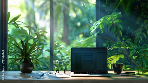 Laptop on a wooden table in a lush tropical setting for a refreshing remote work experience