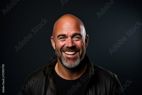 Portrait of a happy man with a beard on a dark background.