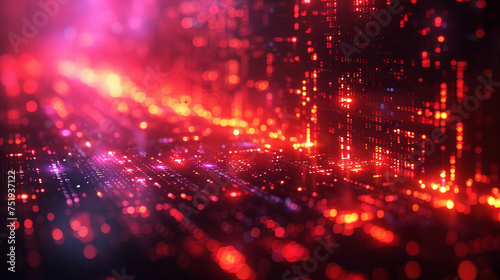 Neon Circuit City Abstract. Red glowing circuits forming an abstract cityscape  depicting digital data flow.