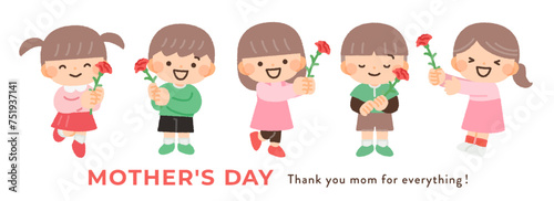 母の日にカーネーションを持つ子供たちのイラスト素材