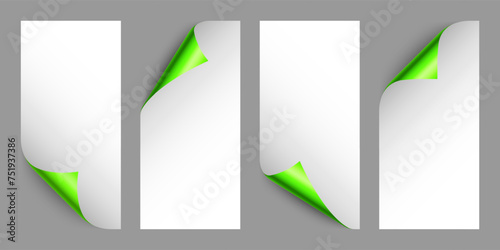 Set of green paper curls. Curled page corner with shadow. Blank sheet of paper. Colorful shiny foil. Design element for advertising and promotion. Vector illustration.