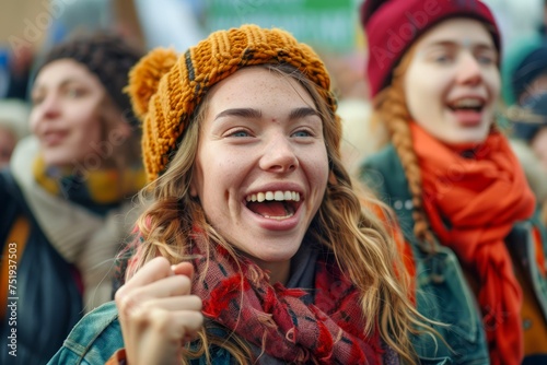 Smiling Young Woman in Knit Hat at Outdoor Event, Cheerful Expression, People Gathering Background