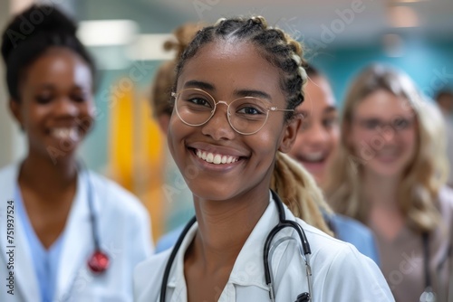Confident Young Female Medical Professional with Team in Hospital Hallway Smiling at the Camera photo
