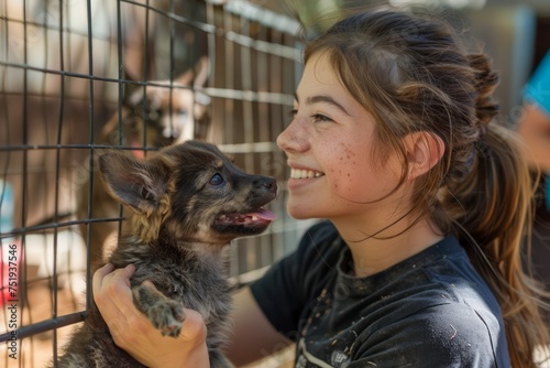 Joyful Young Woman Embracing Adorable Puppy at Pet Adoption Event in Sunlit Outdoor Setting
