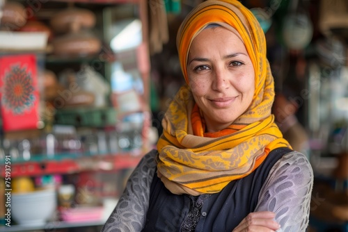 Portrait of a Confident Woman with a Headscarf Smiling at a Traditional Market Stall