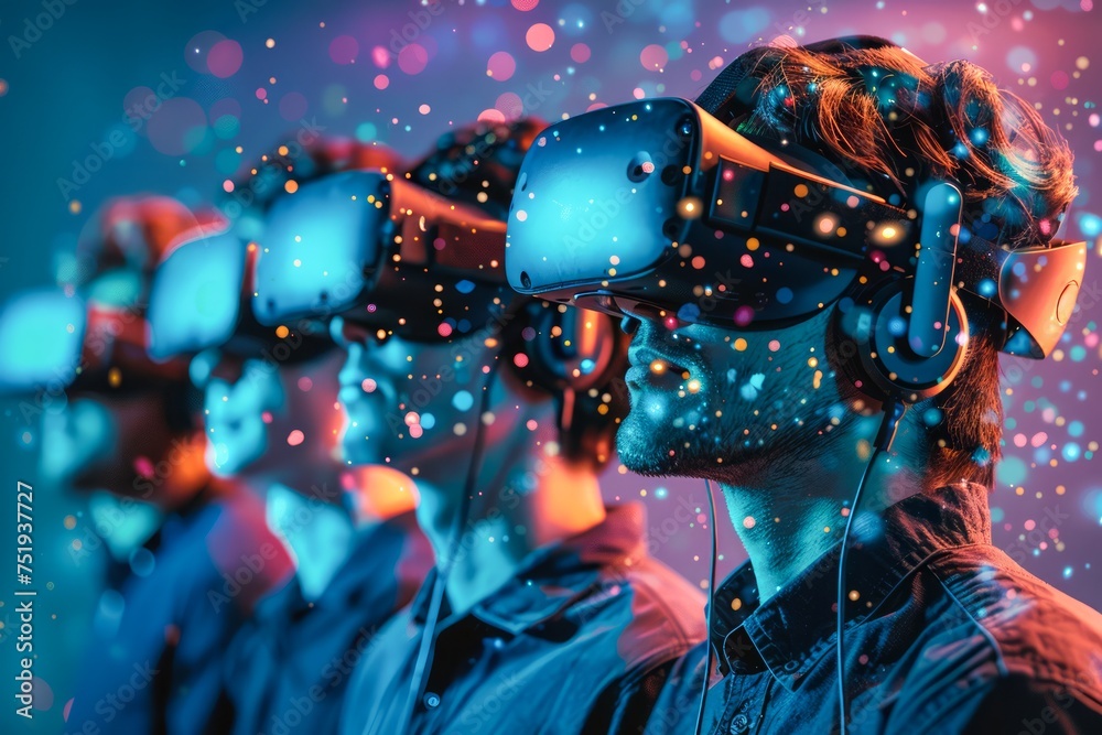 Young Man Experiencing Virtual Reality Under Vibrant Neon Lights in High-Tech Headset