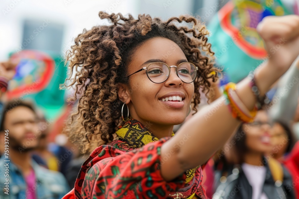 Smiling Young Woman with Curly Hair Enjoying Outdoor Cultural Festival Event