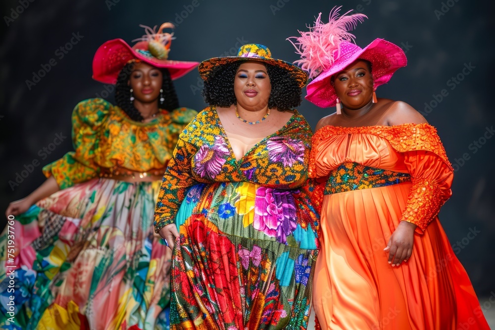 Three Women in Vibrant Traditional African Attire with Elegant Hats Posing with Confidence and Style