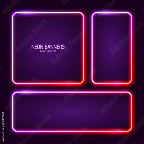 Glowing neon banners, illuminated colorful square frames. Shiny vibrant border, glow effect. Purple vintage retro lights, night illumination. Modern futuristic UI design elements. Vector illustration