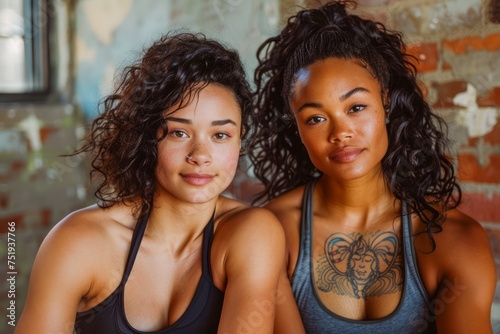 Two Diverse Young Women with Natural Curly Hair Posing Confidently in a Loft Gym Setting, Showcasing Friendship and a Healthy Lifestyle