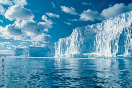 Majestic Iceberg Scenery in Arctic Waters with Clear Blue Sky Reflecting off Serene Ocean