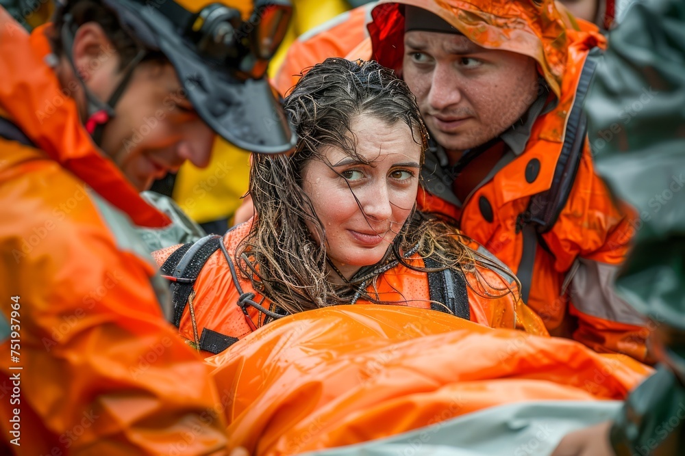 Professional Search and Rescue Team in Action during a Storm, Wet Female Rescuer in Focus