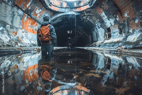 Lone Explorer with Backpack Standing in Reflective Water Inside Abandoned Urban Drainage Tunnel