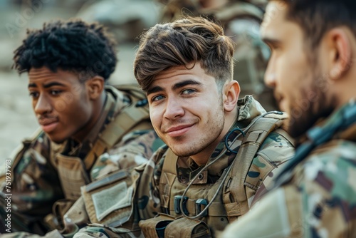 Smiling Young Soldier in Camouflage Uniform with Fellow Military Personnel in Outdoor Setting photo