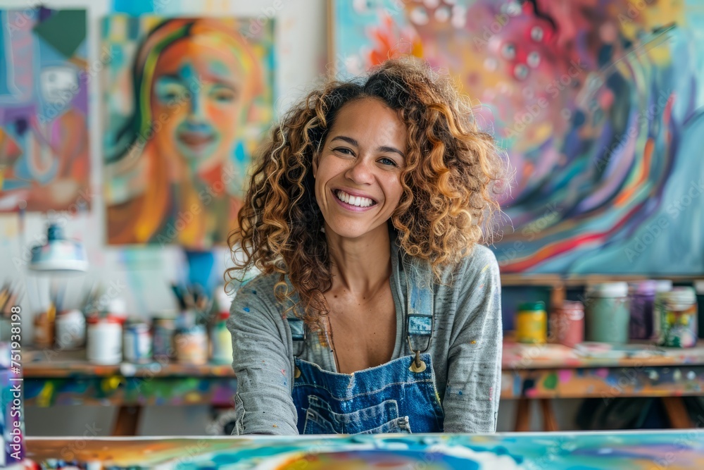 Fototapeta premium Joyful Artist with Curly Hair Smiling in Her Colorful Art Studio Full of Paintings and Art Supplies