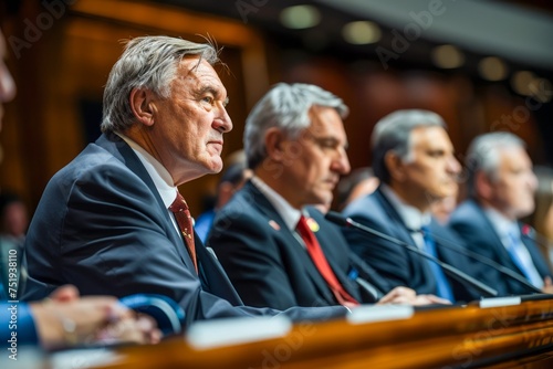 Serious Government Officials Attending a Formal Meeting in a Panel Discussion Setting photo