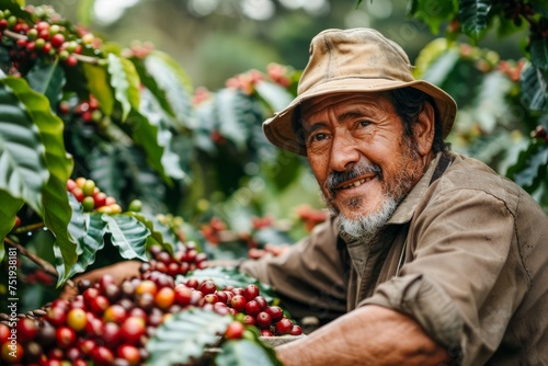 Portrait of a Smiling Senior Farmer Picking Ripe Coffee Berries in Lush Green Plantation Outdoors © pisan