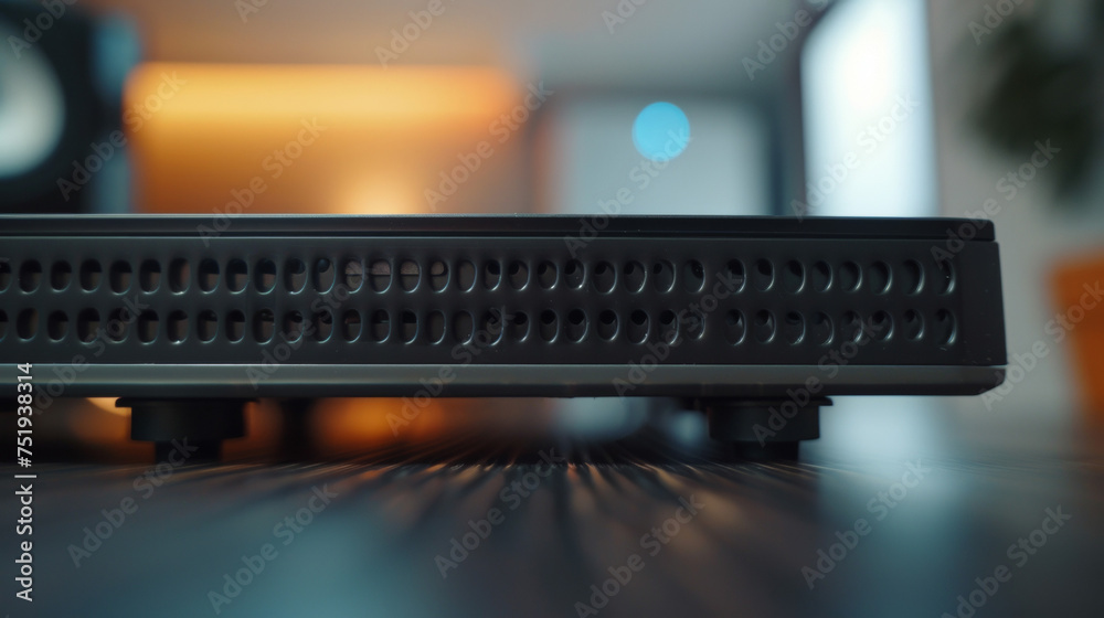The underside of a WiFi range extender featuring its rubber feet for stability and ventilation holes for optimal performance. The underside of a WiFi range extender featuring its rubber feet for stability and ventilation holes for optimal performance.