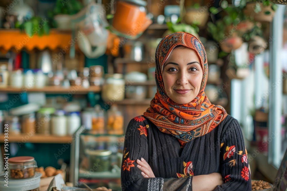 Portrait of a Confident Young Woman with Hijab at a Cozy Home Kitchen with Decorative Plants