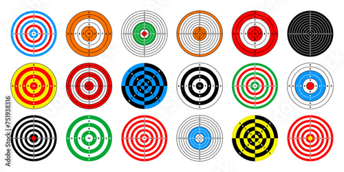 Shooting range paper targets. Round target with divisions, marks and numbers. Archery, gun shooting practise and training, sport competition and hunting. Bullseye and aim. Vector illustration © 32 pixels