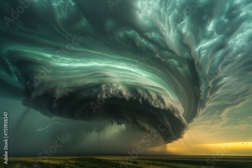 Majestic Supercell Thunderstorm with Lightning Over Prairie at Dusk, Dramatic Cloudscape photo
