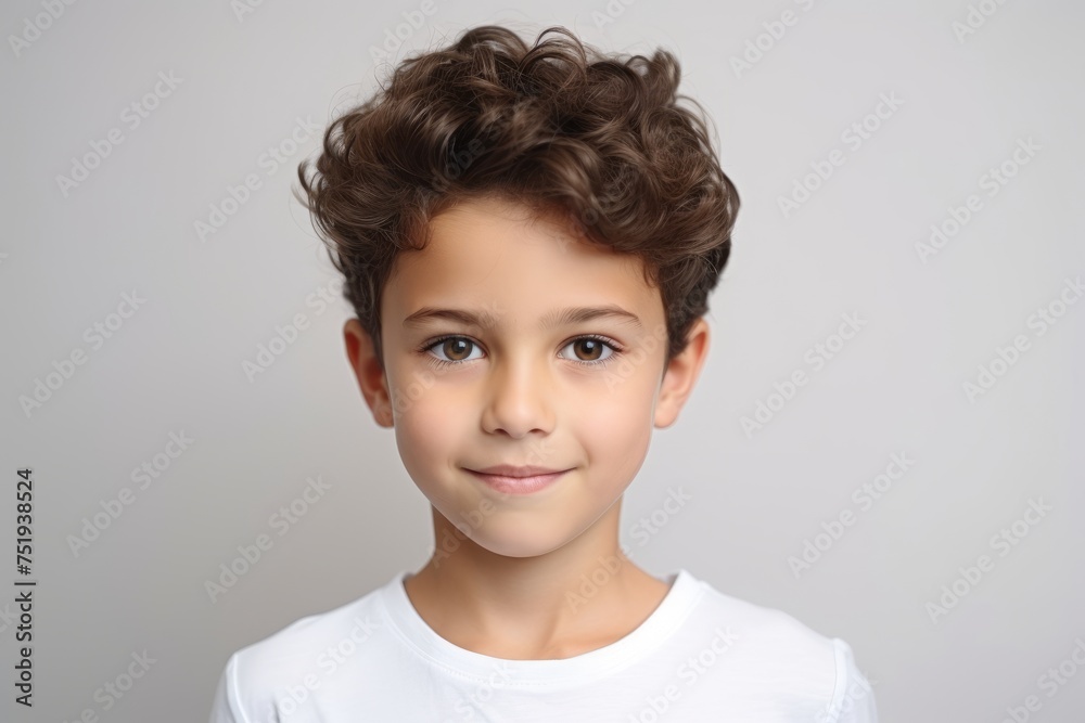 Portrait of a cute little boy with curly hair on a gray background Portrait of a cute little boy with curly hair on a gray background