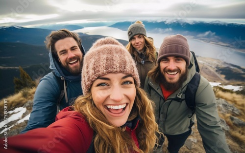 happy hiker friends taking selfies on mountain top. generative ai