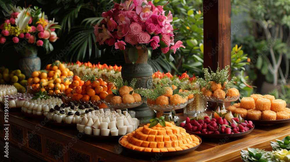 A vibrant buffet showcasing a delicious variety of traditional Thai desserts, artistically arranged on banana leaves and decorated with colorful flowers.