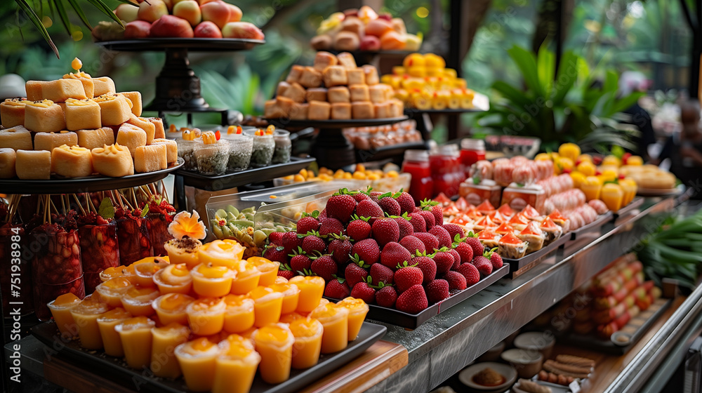 A vibrant buffet showcasing a delicious variety of traditional Thai desserts, artistically arranged on banana leaves and decorated with colorful flowers. - obrazy, fototapety, plakaty 