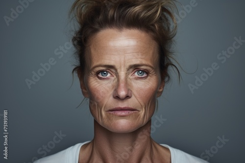 Portrait of a middle aged woman looking at the camera with a serious expression