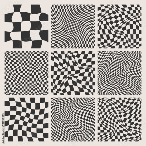 Trendy checkered pattern, black and white distorted tiled grid. Wavy curved backdrop, distortion effect. Funky geometric chessboard texture, retro background in 90s style, y2k. Vector illustration