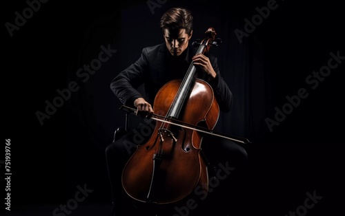 Portrait of a cellist playing classical music on the cello on a black background