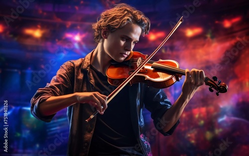 young man playing violin against concert background. generative ai