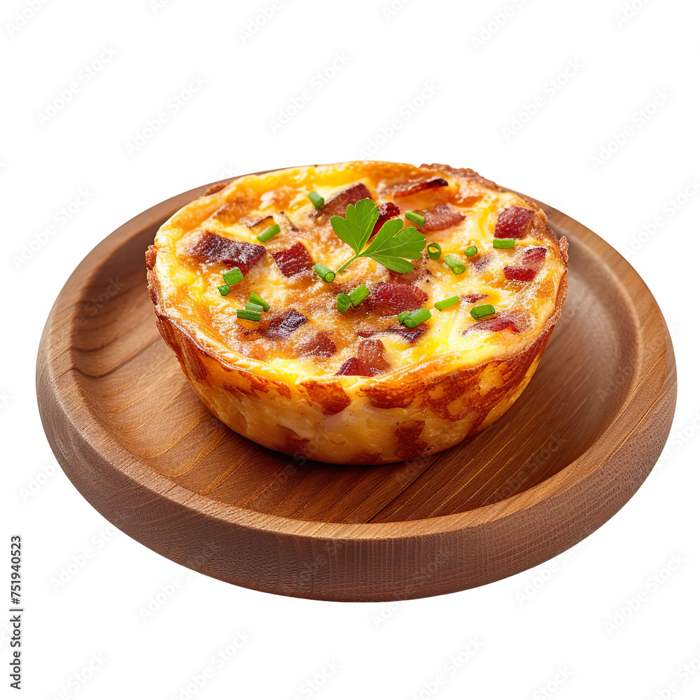 Extreme front view of a savory bacon and cheddar mini quiche on a wooden tray plate isolated on a white Transparent background Extreme front view of a savory bacon and cheddar mini quiche on a wooden tray plate isolated on a white Transparent background